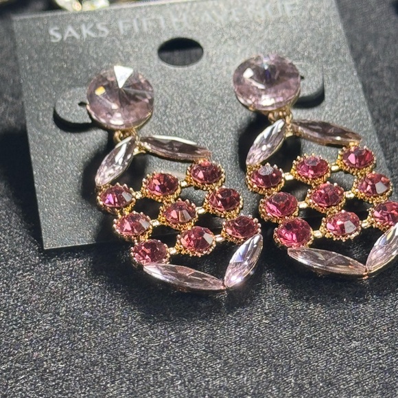 Glamorous Saks Fifth Avenue Pink Crystal Post With Dangle Waffle Design 2 in - Picture 6 of 13
